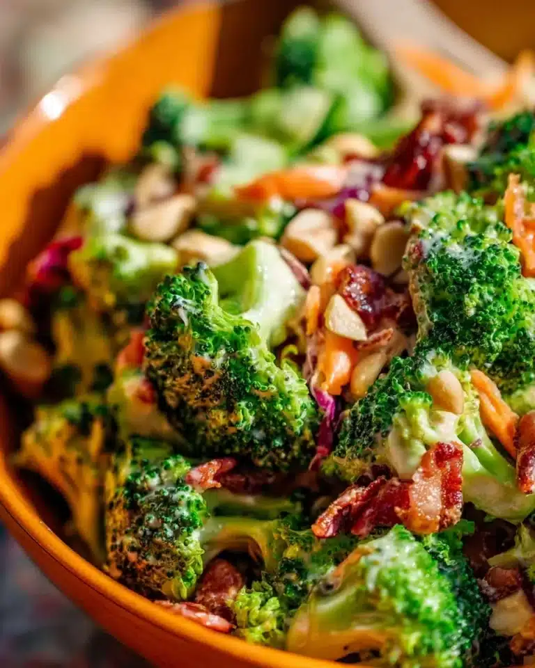 Healthy Broccoli Salad with Bacon served in a bowl, garnished with nuts.