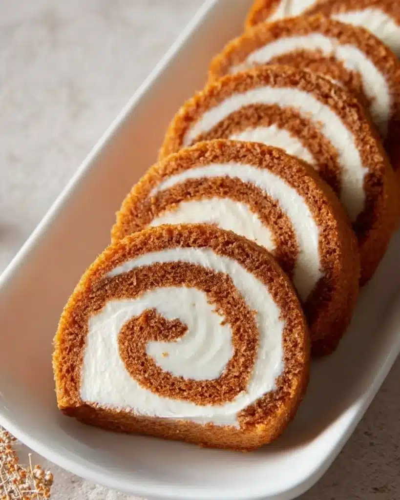 A deliciously rolled carrot cake filled with cream cheese frosting and decorated.