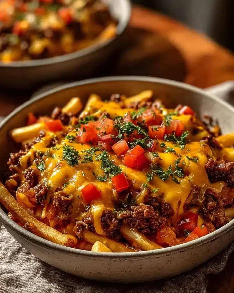 Cheeseburger Casserole topped with French fries on a plate