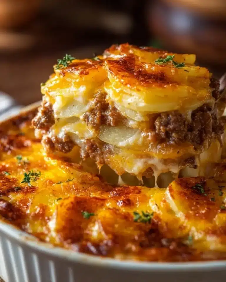 Cheesy Hamburger Potato Casserole topped with melty cheese and ground beef.
