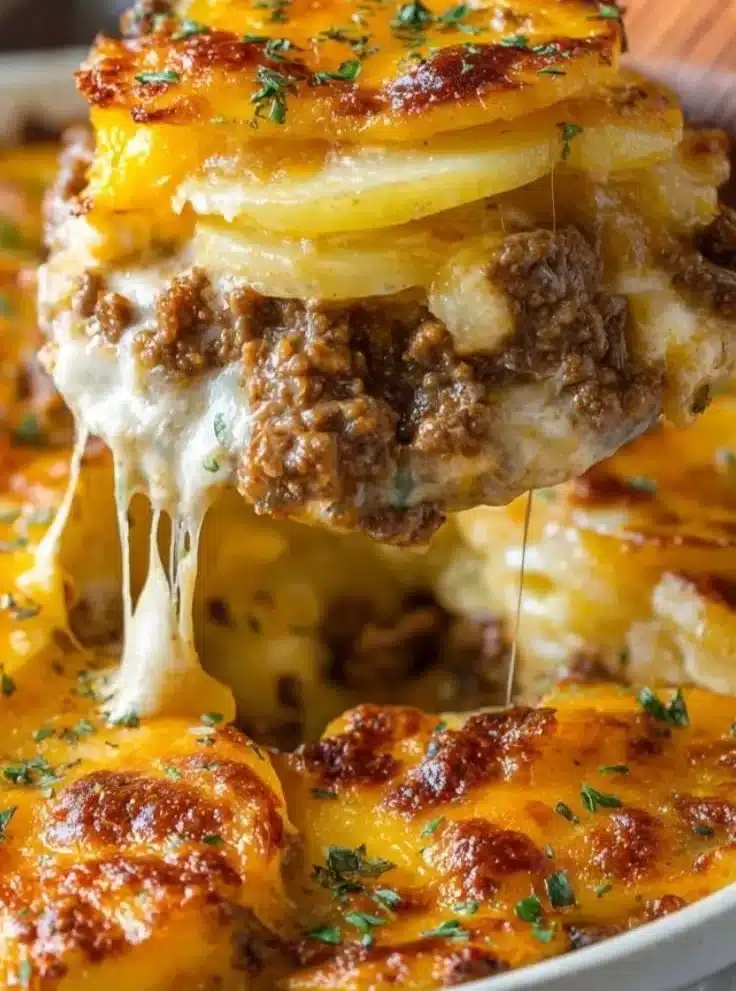Cheesy hamburger potato casserole baked and ready to serve.
