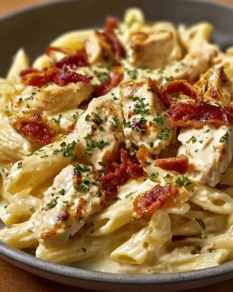 Delicious Chicken Bacon Ranch Pasta topped with crispy bacon and creamy sauce