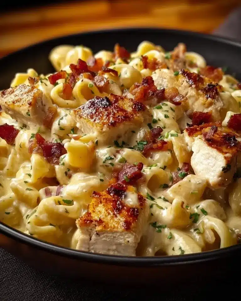 Delicious Chicken Bacon Ranch Pasta topped with crispy bacon and creamy sauce