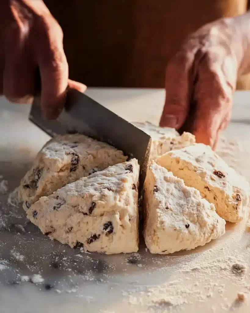 Freshly baked chocolate chip scones with a buttery texture using sourdough starter