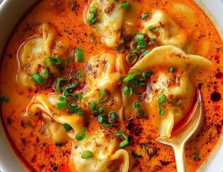 Bowl of coconut curry soup with dumplings garnished with herbs