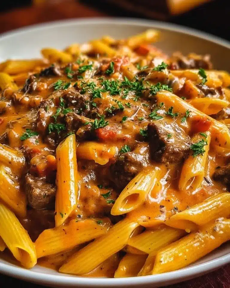 Creamy beef pasta served with parsley garnish