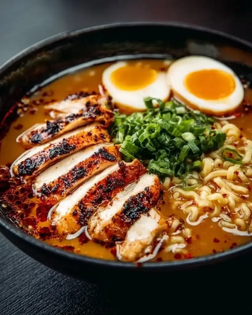 Creamy garlic chicken ramen topped with herbs and vegetables in a bowl