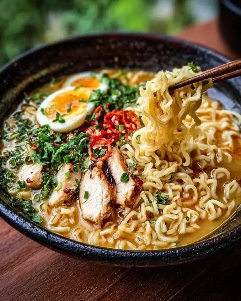 Bowl of creamy garlic chicken ramen featuring fresh ingredients and rich broth.