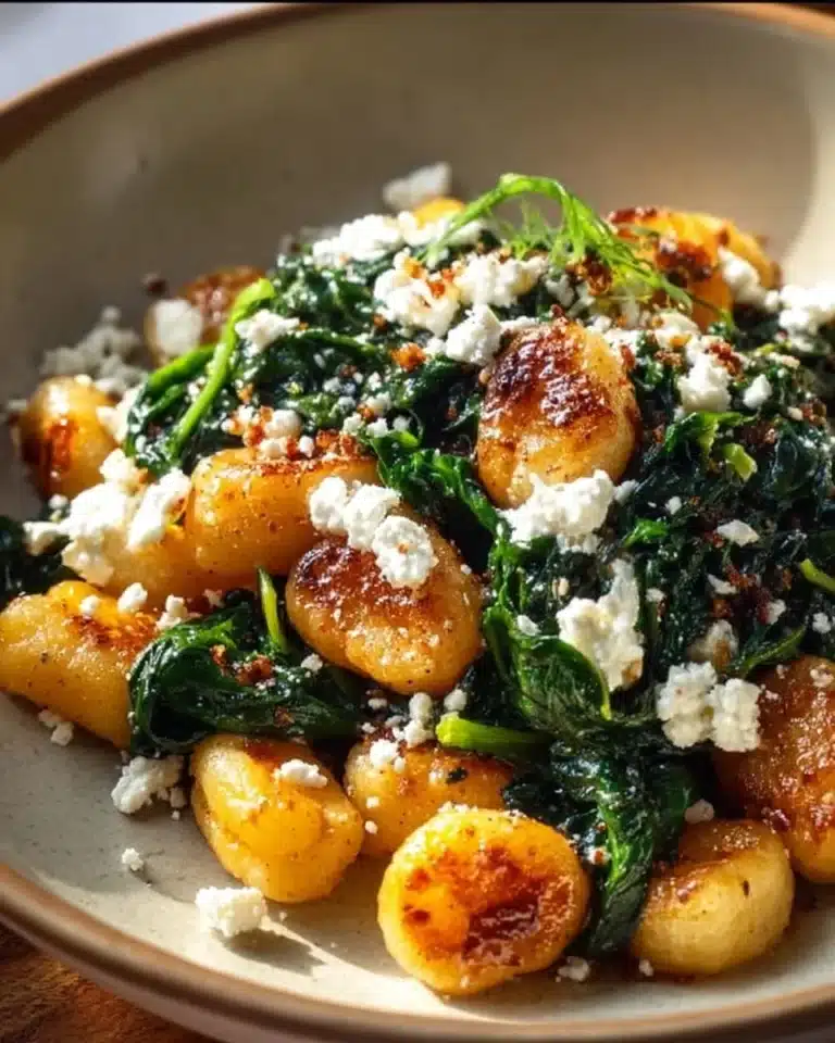Creamy Gnocchi with Spinach and Feta 2 Creamy gnocchi dish with spinach and feta cheese served in a bowl
