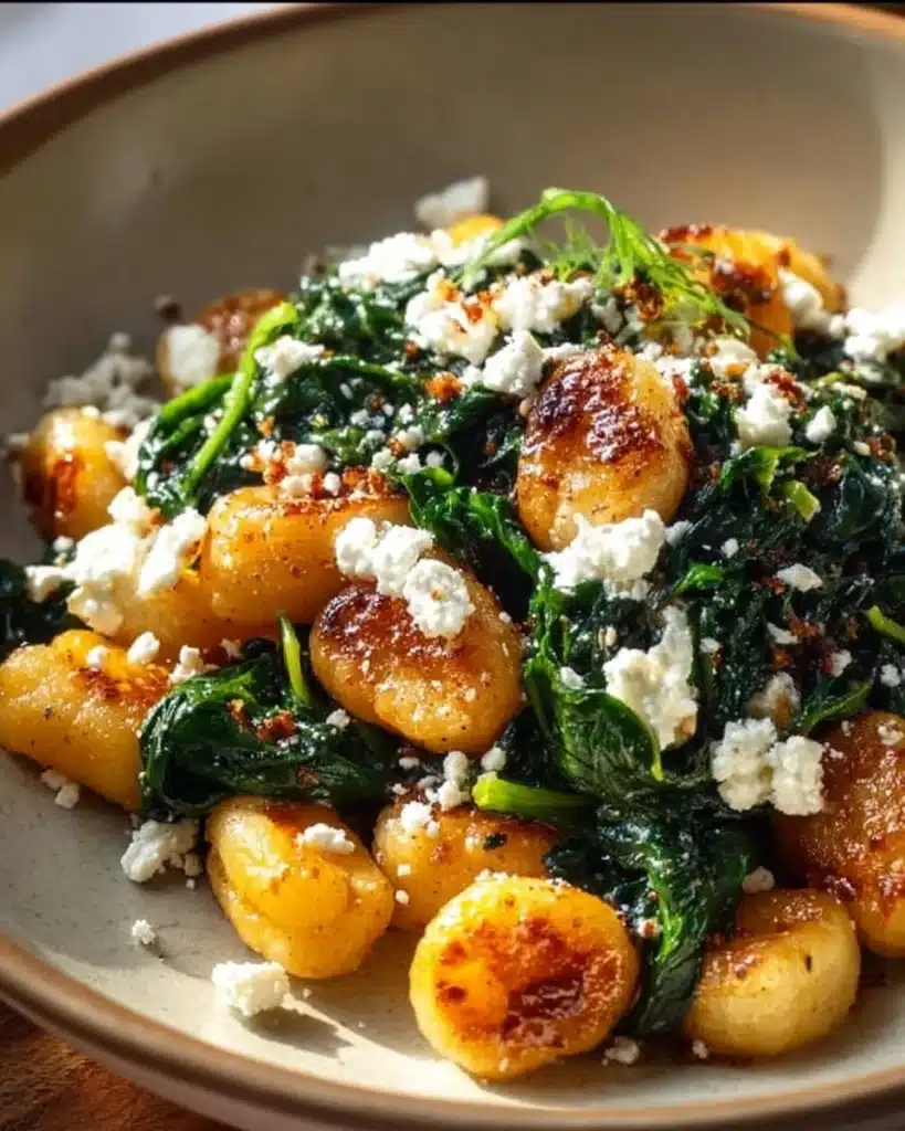 Creamy gnocchi dish with spinach and feta cheese served in a bowl