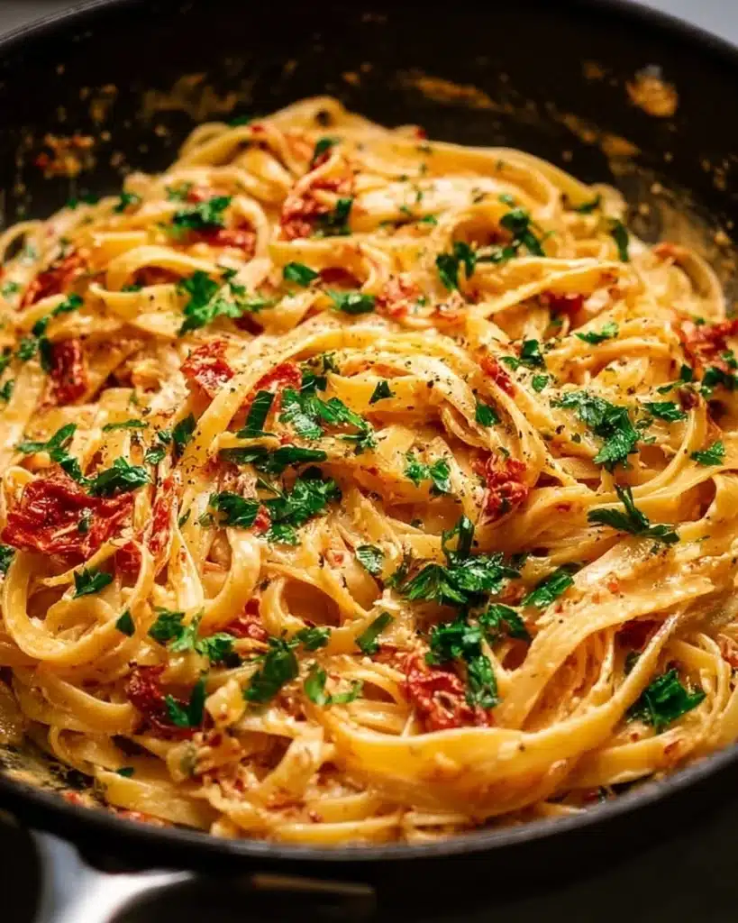 Creamy vegan sun-dried tomato pasta dish with fresh herbs