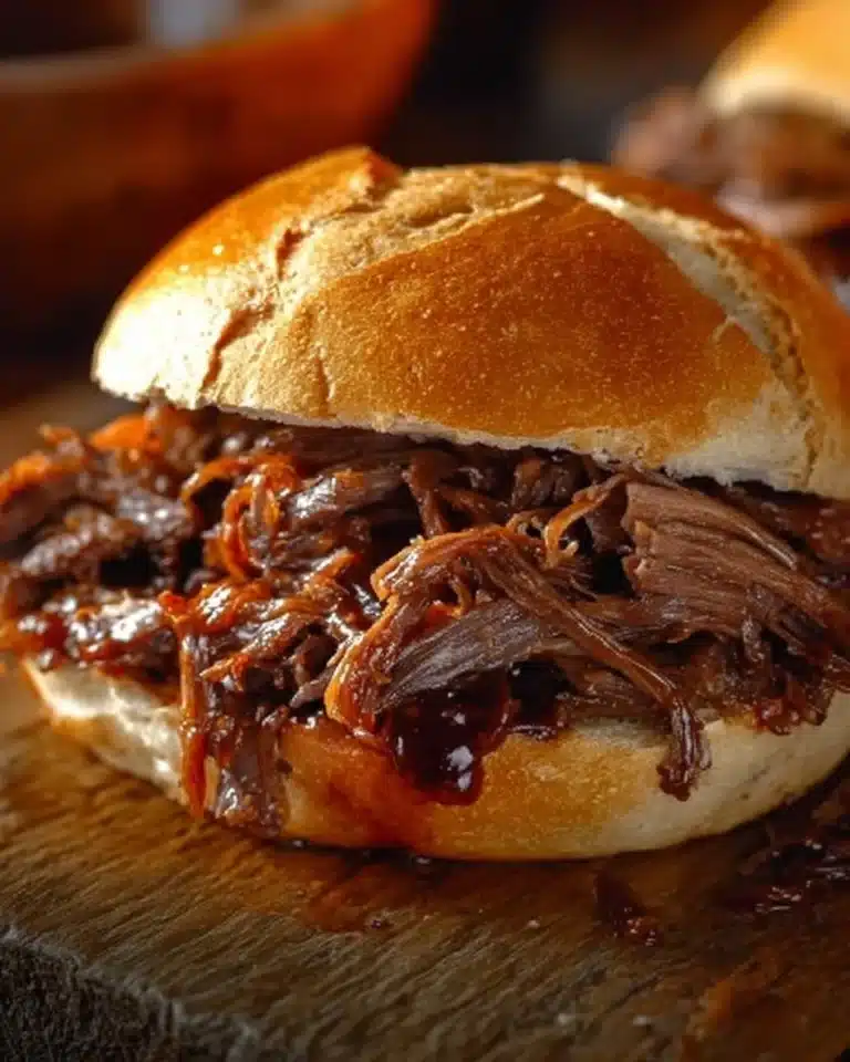 Crockpot BBQ beef sandwiches served with coleslaw on a rustic wooden table
