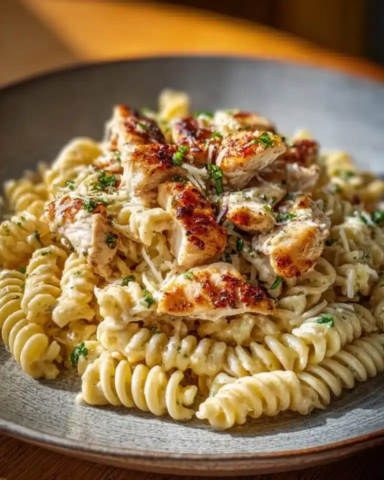 Crockpot Garlic Parmesan Chicken Pasta cooked with herbs and cheese