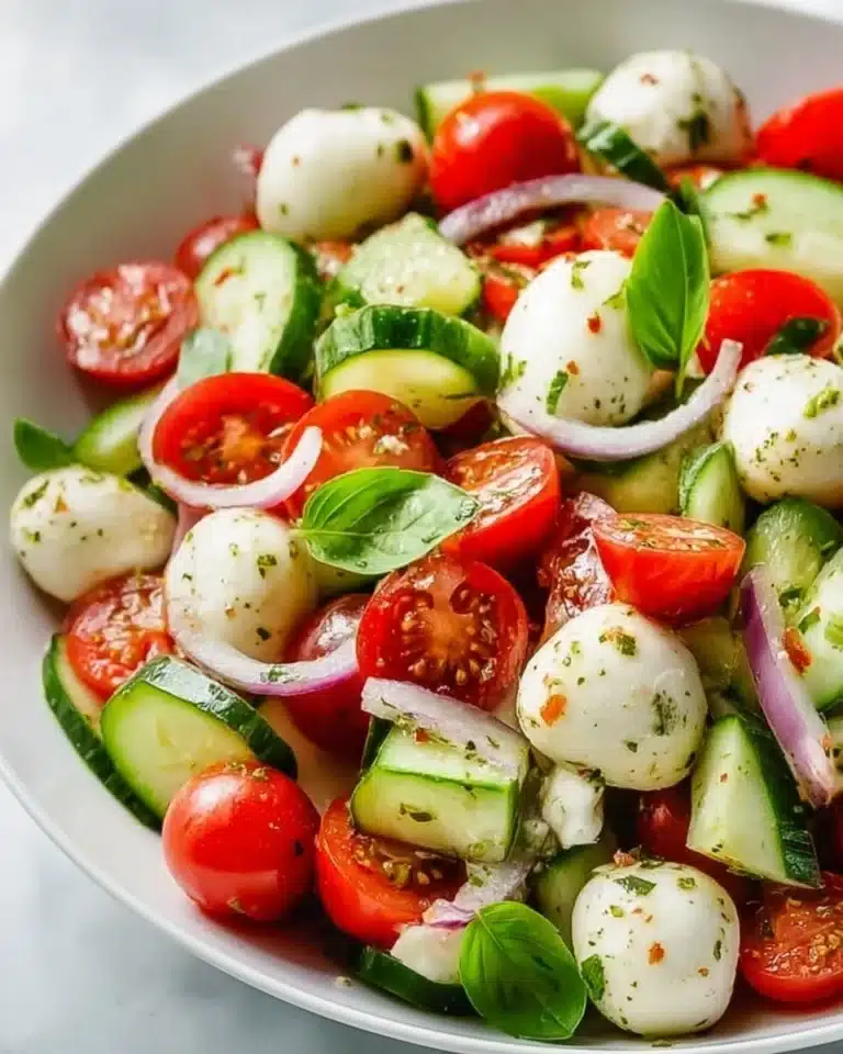 A vibrant Cucumber Caprese Salad with fresh tomatoes, mozzarella, and basil.