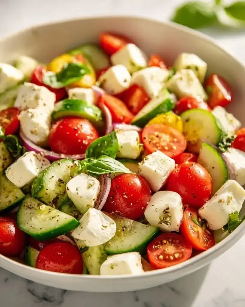 Cucumber Caprese Salad with fresh mozzarella, tomatoes, and basil