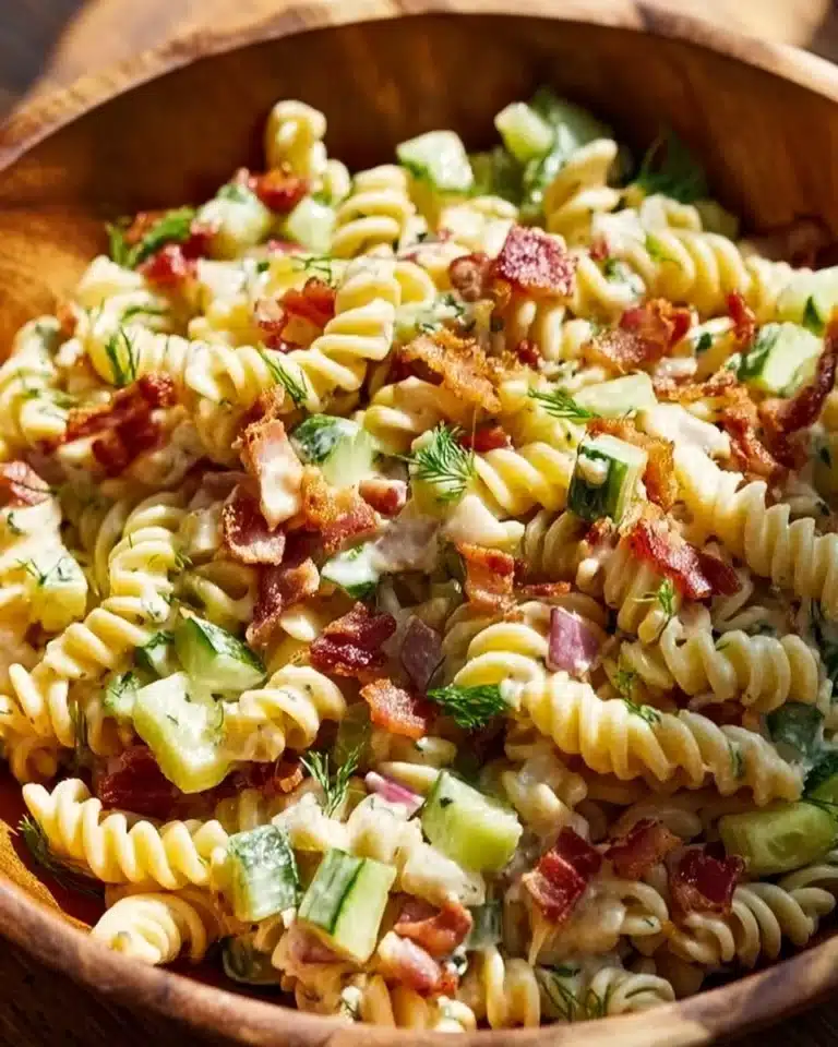 Delicious Dill Pickle Bacon Pasta Salad served in a bowl, showcasing vibrant ingredients.