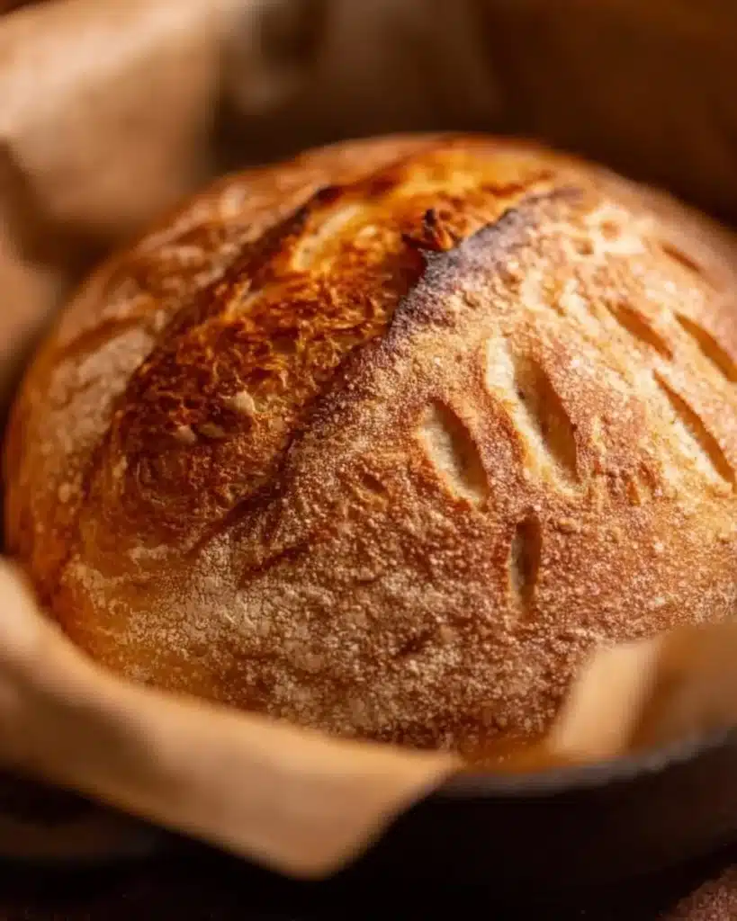Homemade Dutch oven sourdough bread loaf with a crispy crust