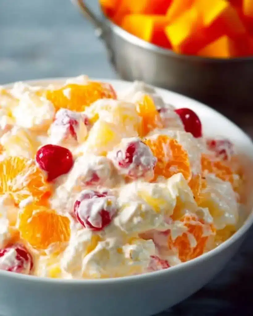 Easter Ambrosia Salad featuring colorful fruits and creamy dressing in a bowl.