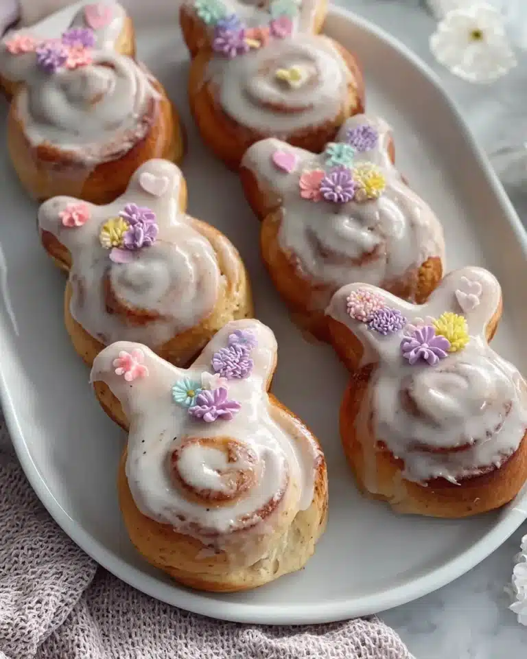 Easter Bunny cinnamon rolls with icing and colorful decorations on a plate