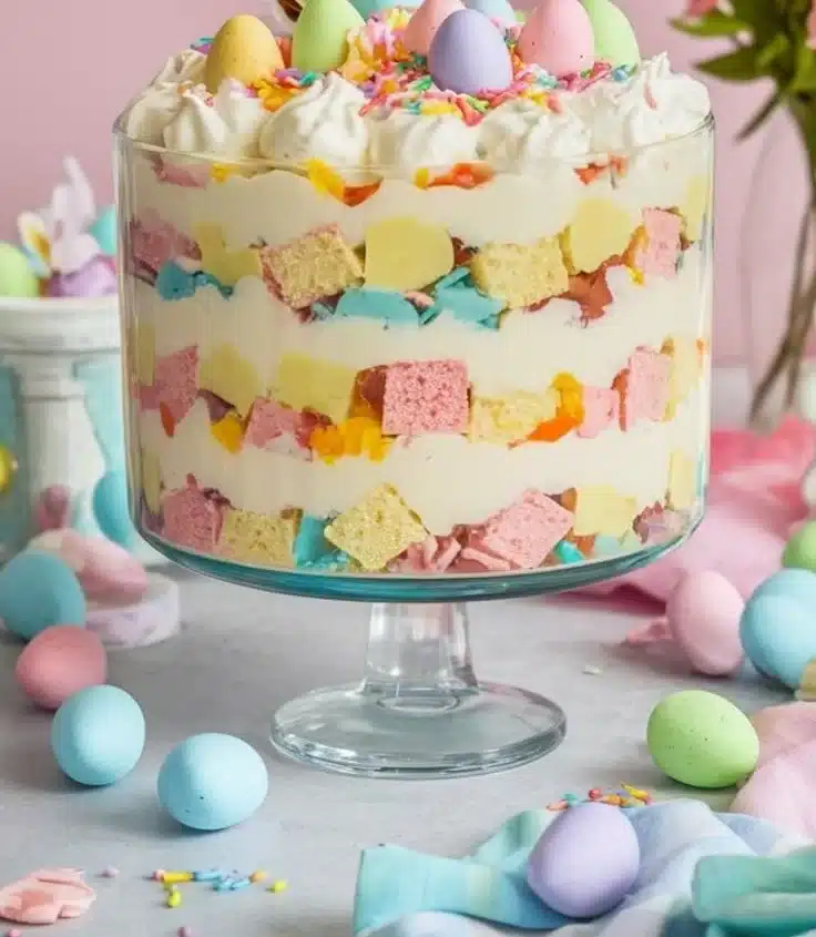Colorful Easter trifle dessert featuring layers of cake, cream, and fruits.
