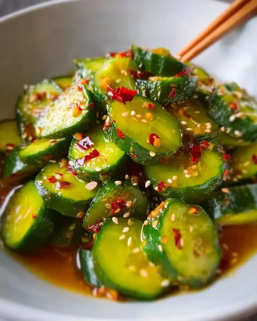 Bowl of easy Asian cucumber salad with vibrant vegetables and dressing