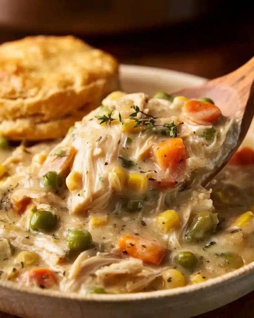 A delicious bowl of easy Crockpot Chicken Pot Pie filled with tender chicken and vegetables.