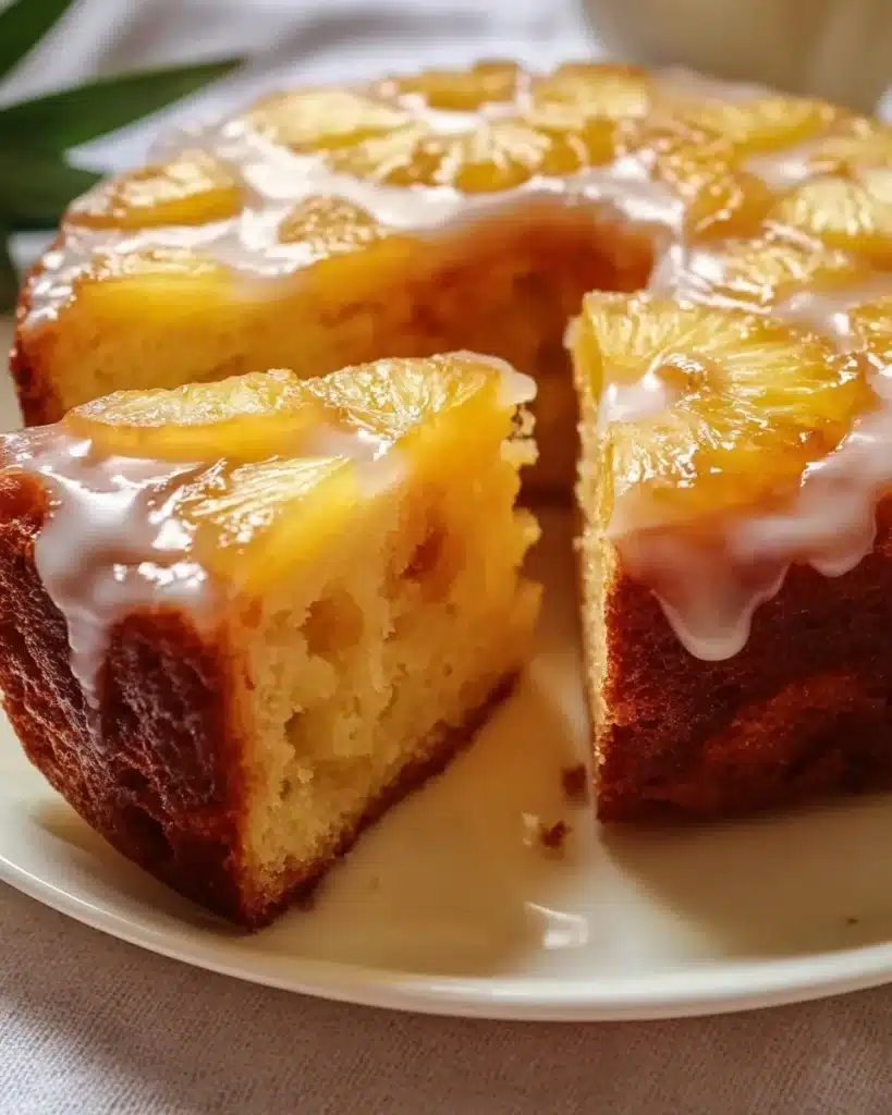 Easy Easter Pineapple Heaven Cake topped with fresh pineapple and whipped cream.