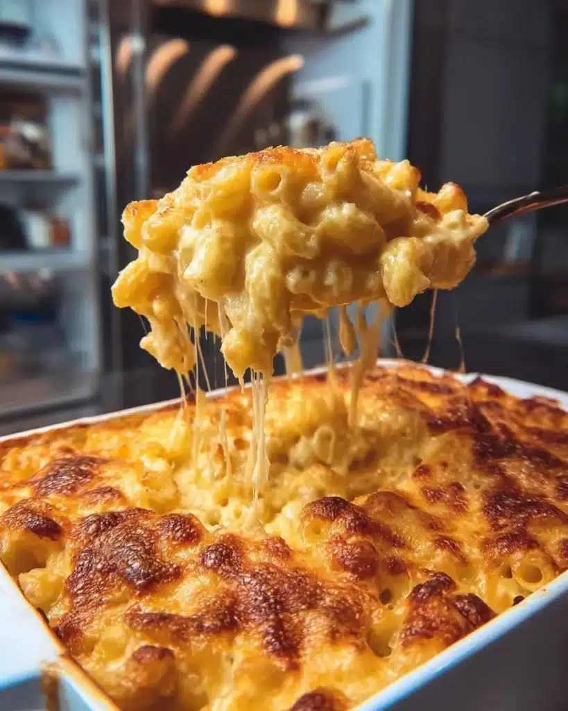 Delicious easy no-roux, no-egg mac and cheese topped with melted cheese