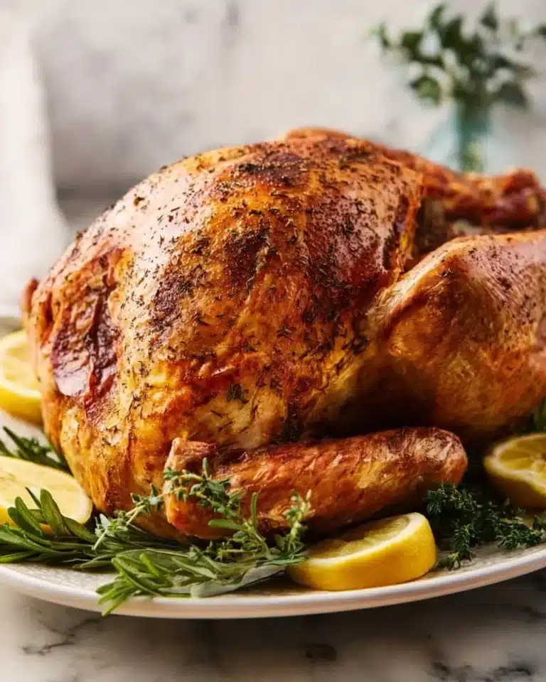A beautifully roasted Easy Thanksgiving Turkey garnished with herbs.