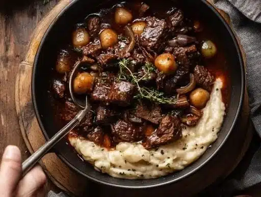 Delicious bowl of French-style beef stew with vegetables and herbs