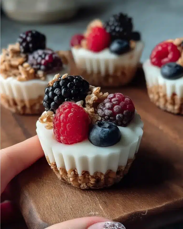 Frozen yogurt granola cups topped with fresh berries for a healthy snack