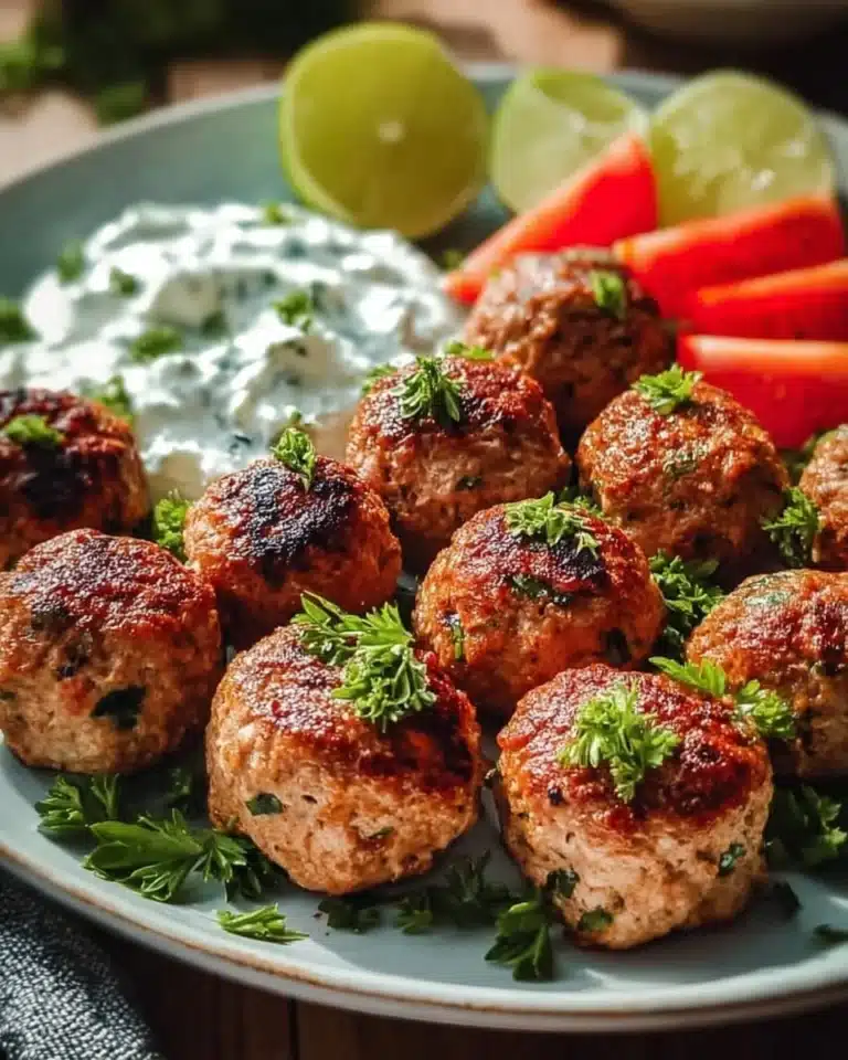 Plate of Greek Turkey Meatballs with Tzatziki sauce and fresh herbs