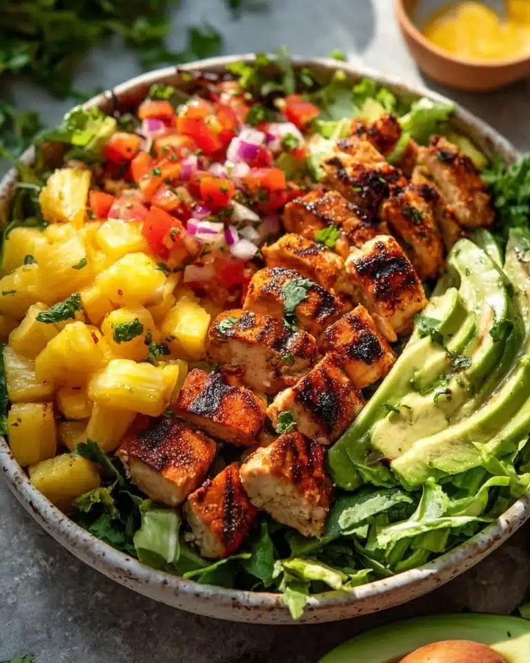 Gluten-free Hawaiian Chicken Salad served in a bowl with tropical ingredients