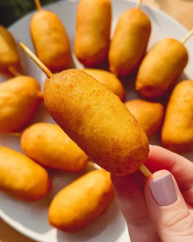 Plate of homemade mini corndogs served with dipping sauce.