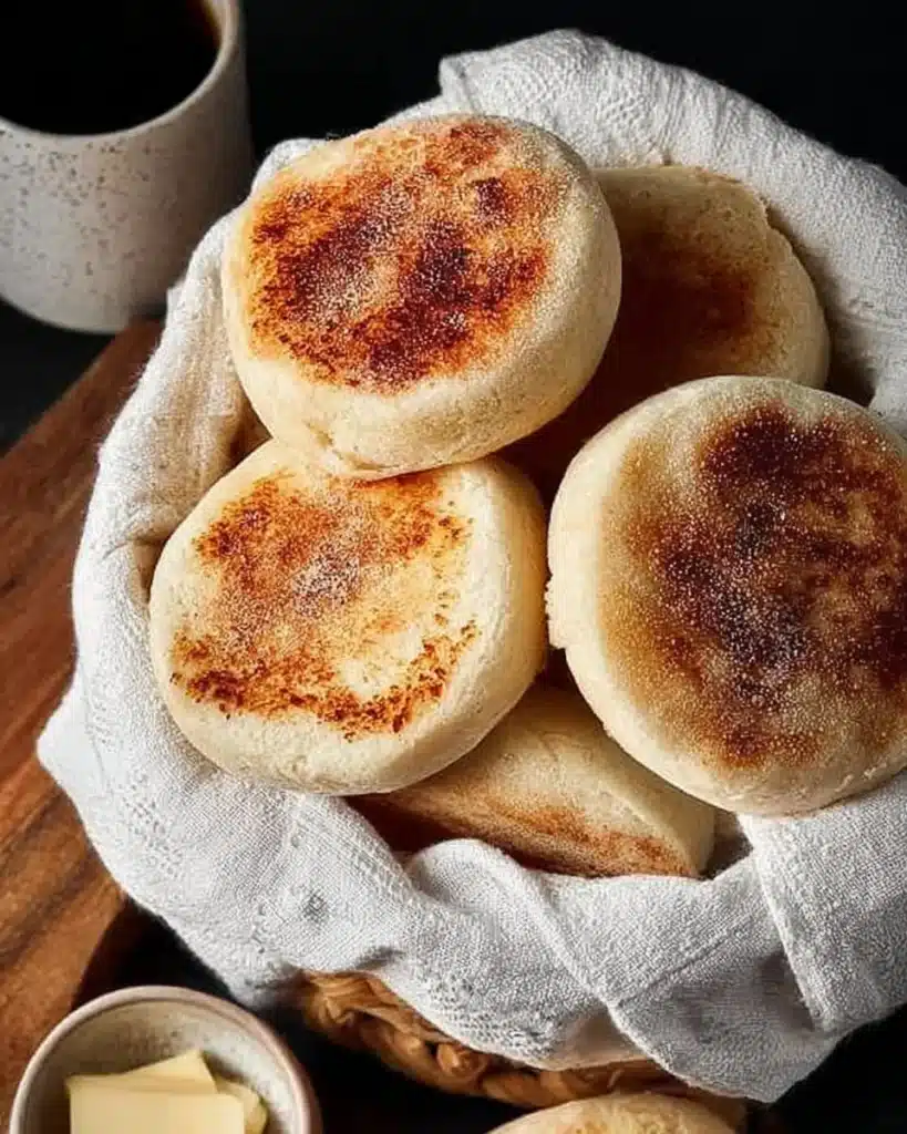 Homemade sourdough English muffins fresh from the oven