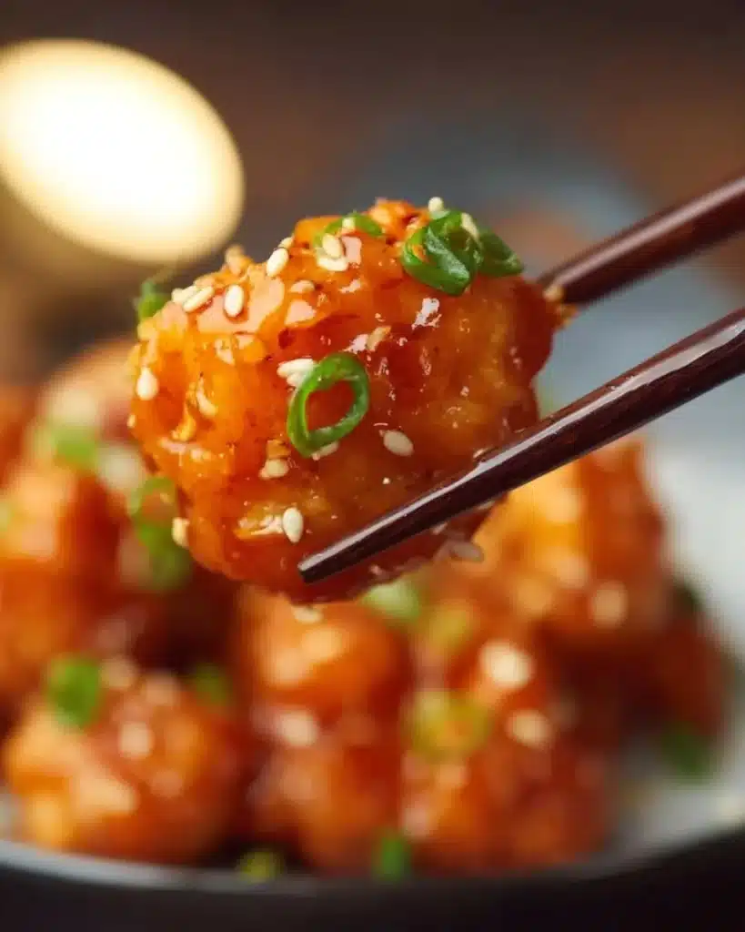 Delicious plate of Honey Sesame Chicken garnished with sesame seeds and green onions