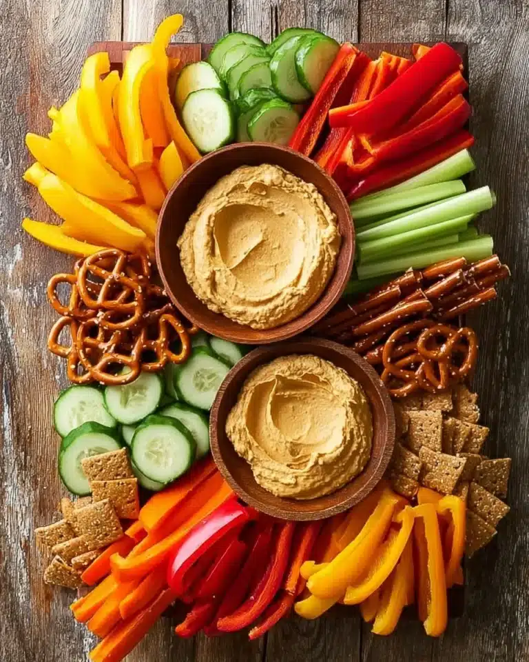 Colorful hummus snack board with dips, veggies, and pita bread
