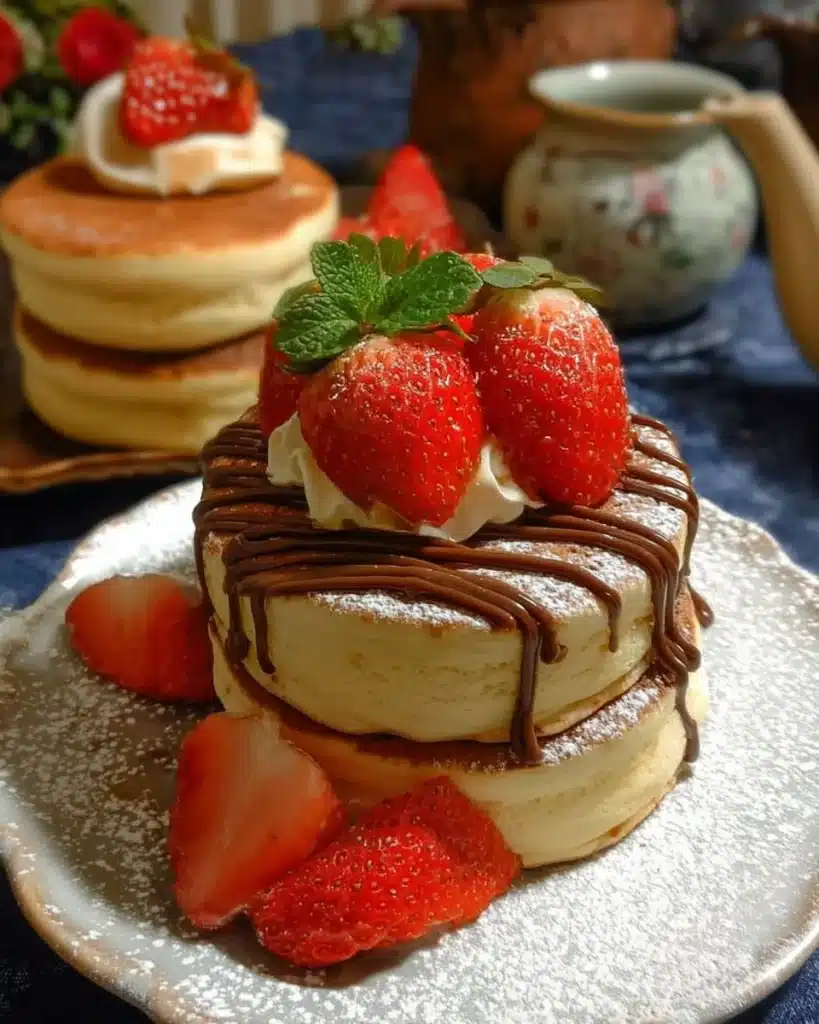 Fluffy Japanese soufflé pancakes stacked with syrup and berries