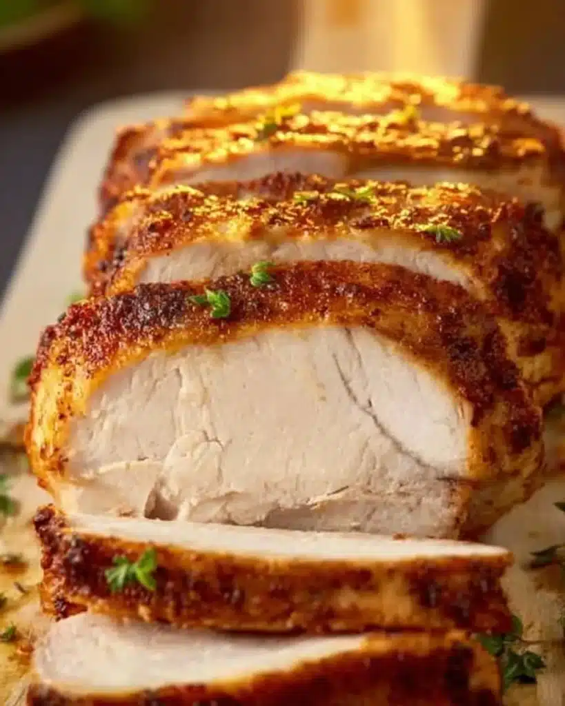 Juicy slow cooker turkey breast served with herbs and vegetables