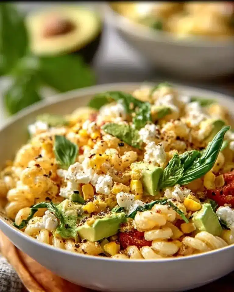 Juicy street corn pasta salad with fresh vegetables and herbs