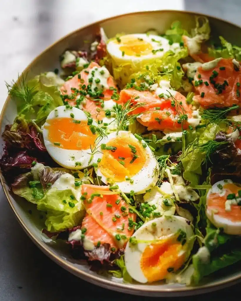 Keto Smoked Salmon Salad with fresh greens and creamy dressing
