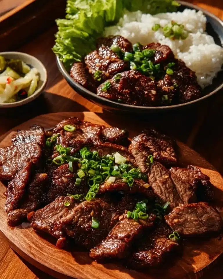 Delicious homemade beef bulgogi served with rice and vegetables