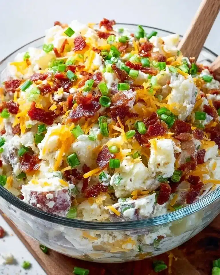 Delicious loaded baked potato salad topped with cheese and chives in a bowl.