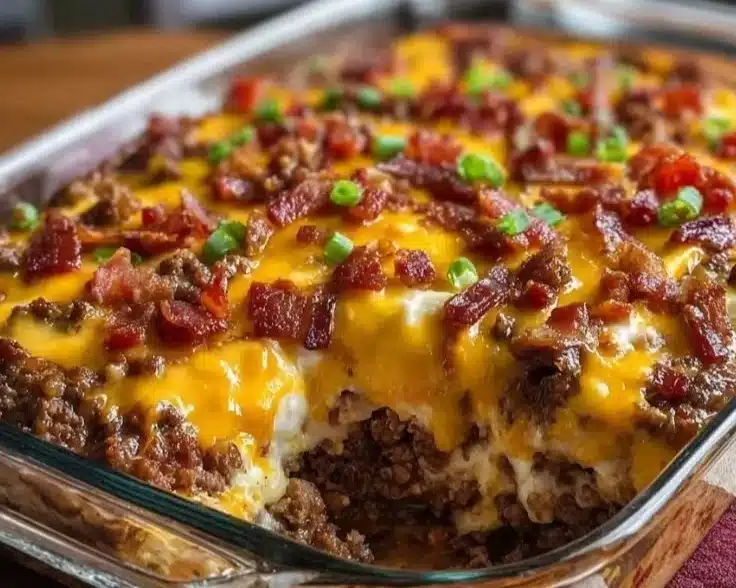 Low-carb bacon cheeseburger casserole dish ready for dinner