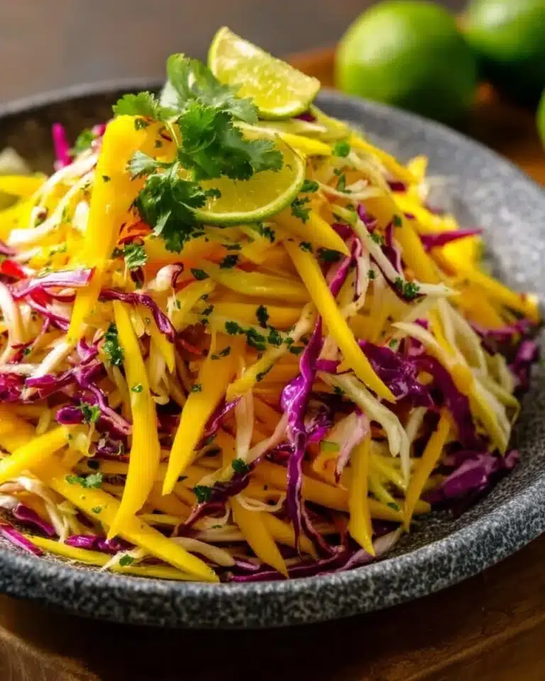 Colorful bowl of Mango Slaw with fresh ingredients and vibrant colors
