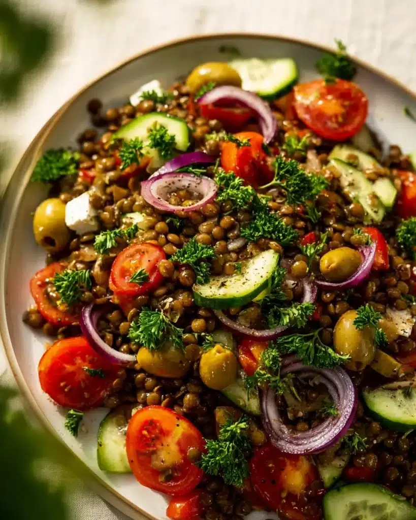 Mediterranean Lentil Salad with fresh vegetables and herbs in a bowl