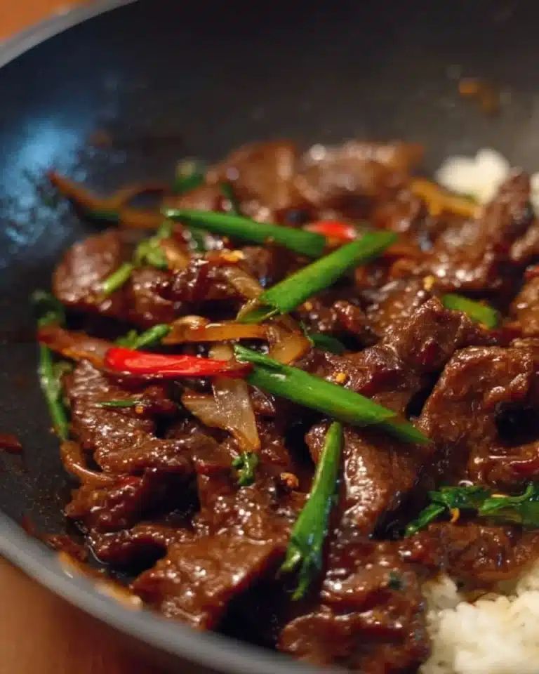 Plate of delicious Mongolian Beef with vegetables