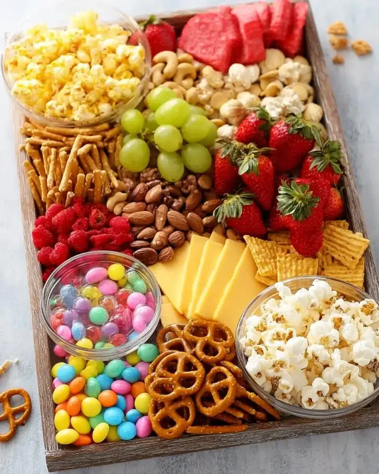Delicious movie night snack board with a variety of treats and snacks.