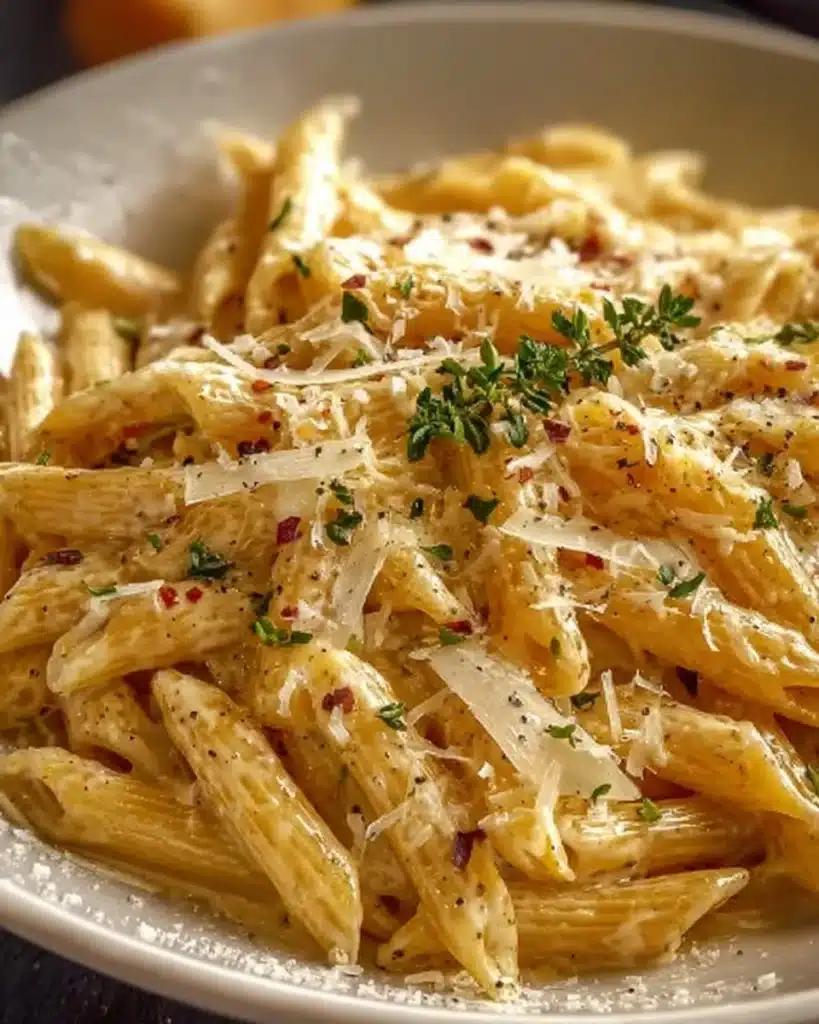 Creamy garlic pasta served in a bowl with herbs and Parmesan cheese