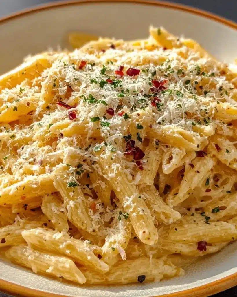 One Pot Creamy Garlic Pasta with fresh herbs and cheese